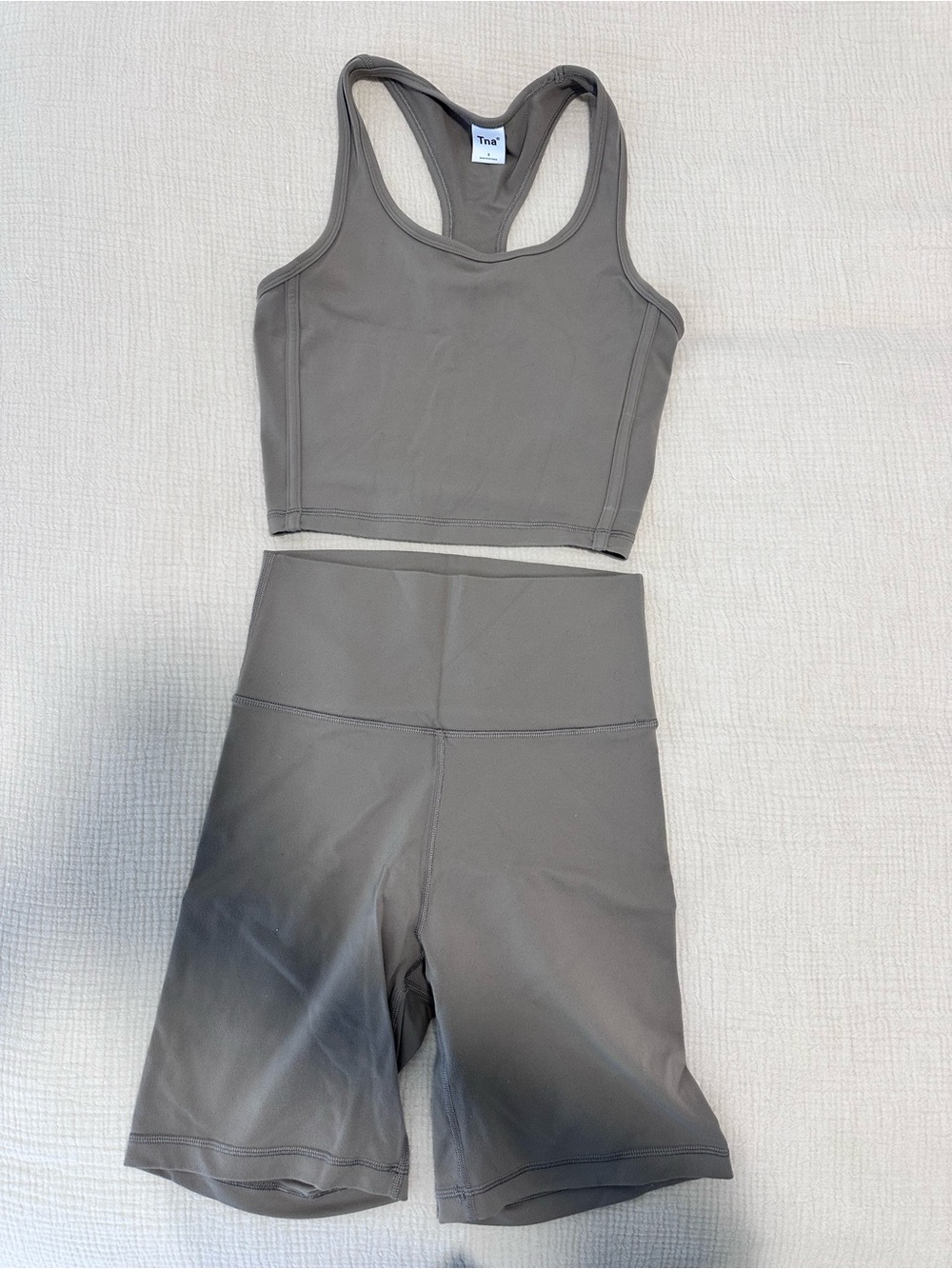 TNA Women's Racerback Crop Top and High-Waist Bike Shorts Set - Taupe